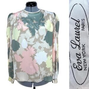 Eva Laurel Vintage Floral Pastel Blouse Back Button Metallic Swiss Dot Sz: 16